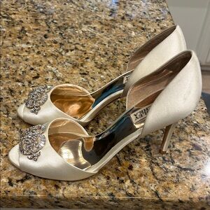 Badgley Mischka Ivory Satin Crystal-Embellished D'Orsay Peep-Toe Heels